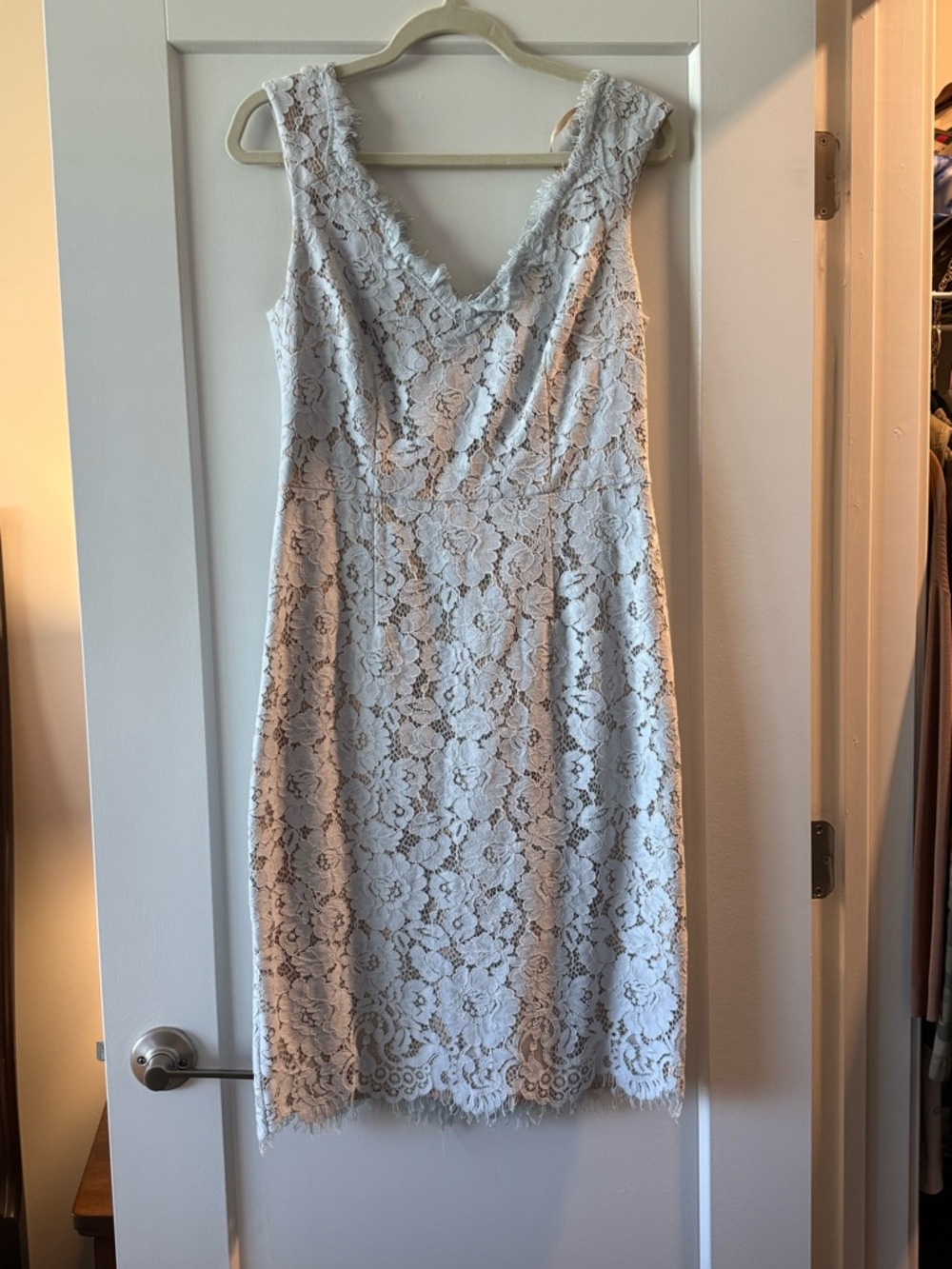 Eliza J Light Gray Lace V-Neck Midi Sheath Dress